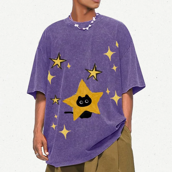Starry Cat Illustration Unisex Vintage Washed Tee