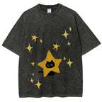 Starry Cat Illustration Unisex Vintage Washed Tee