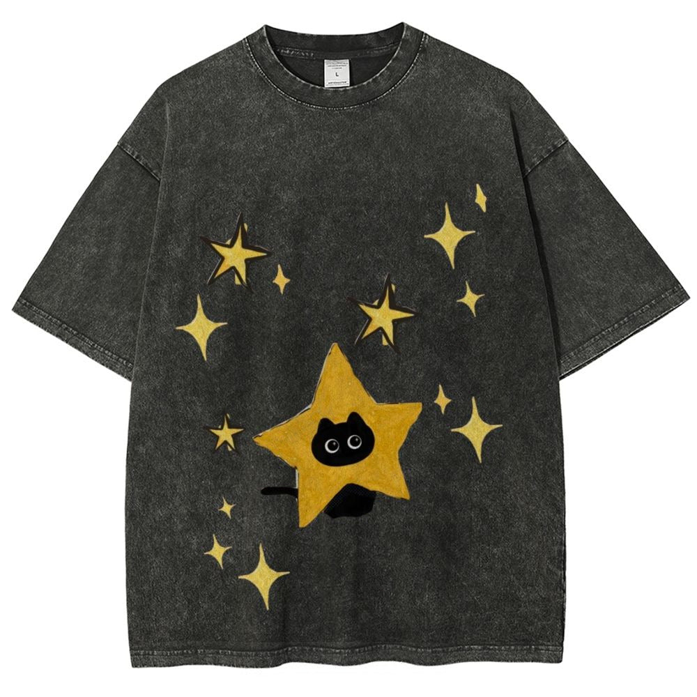 Starry Cat Illustration Unisex Vintage Washed Tee