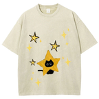 Starry Cat Illustration Unisex Vintage Washed Tee