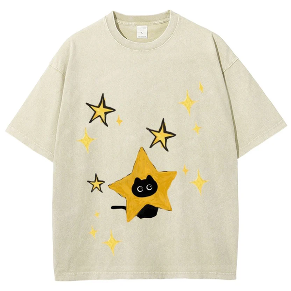 Starry Cat Illustration Unisex Vintage Washed Tee