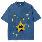 Starry Cat Illustration Unisex Vintage Washed Tee