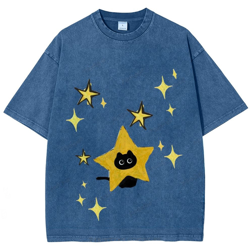 Starry Cat Illustration Unisex Vintage Washed Tee