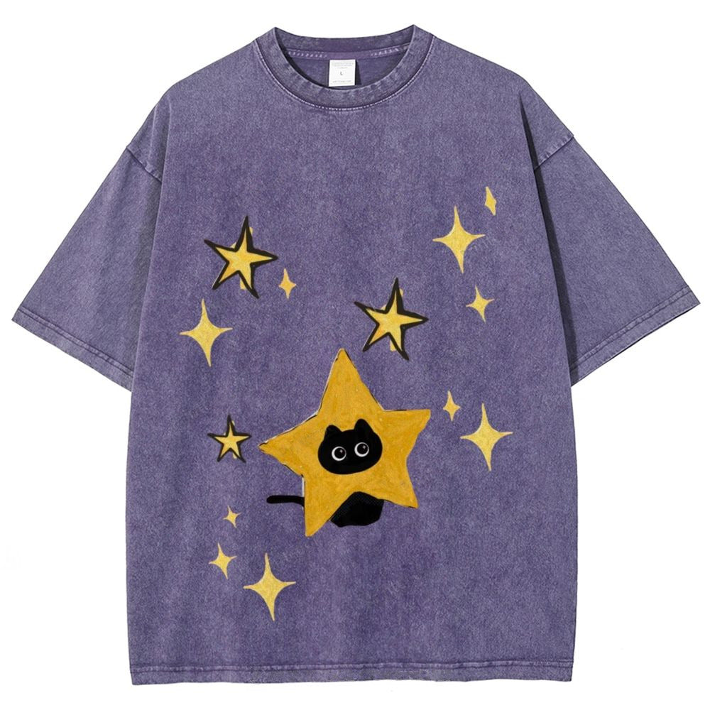Starry Cat Illustration Unisex Vintage Washed Tee