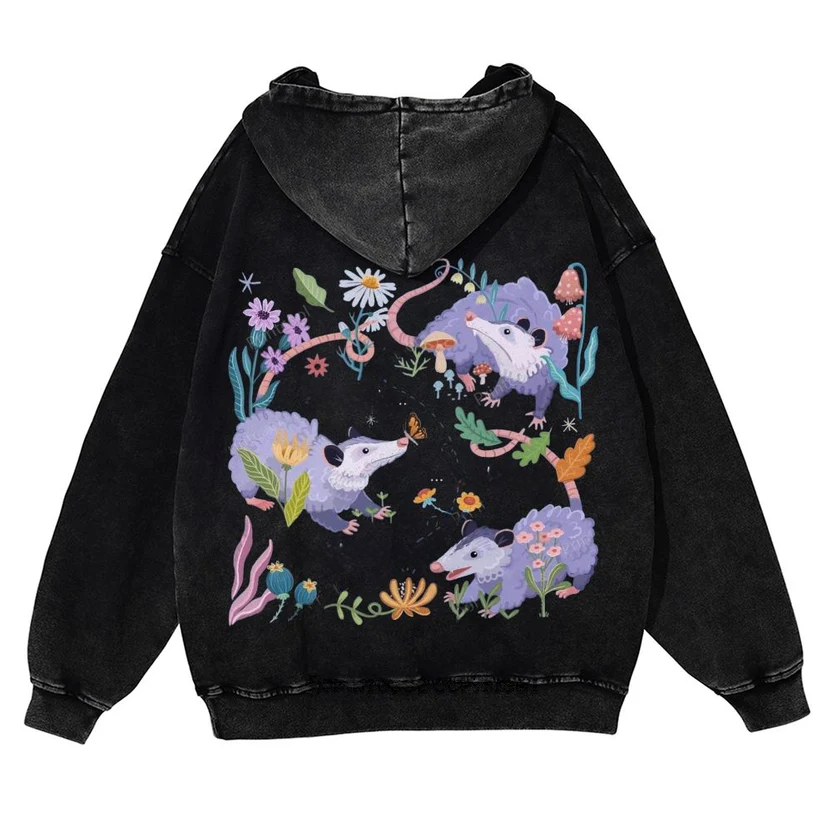 "Breathe In Breathe Out" Opossum Casual Washed Hoodie