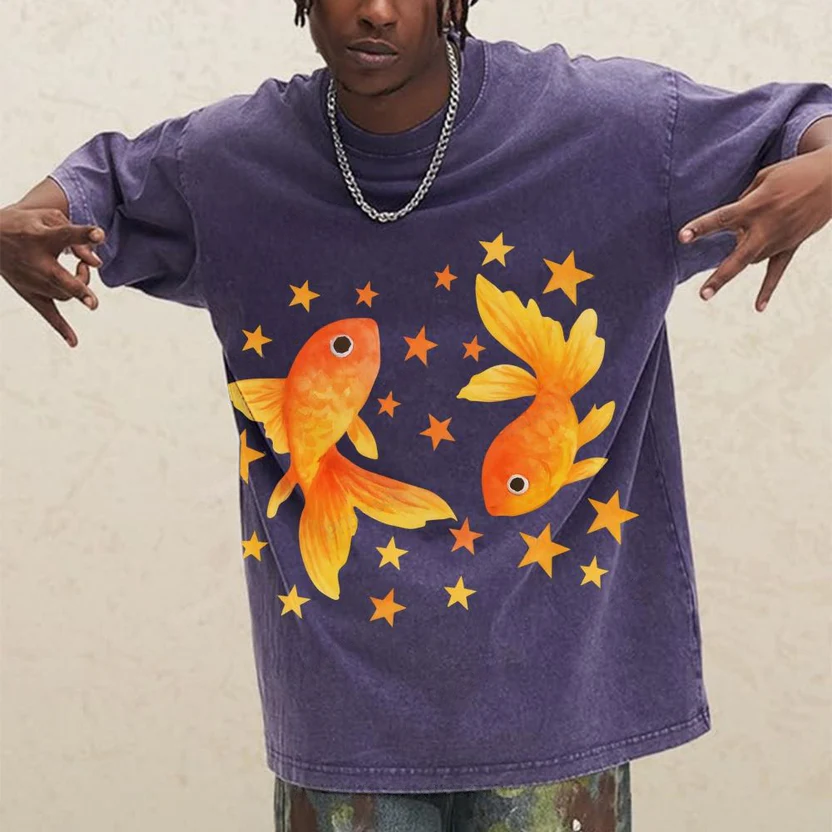 Two Goldfish Illustration Unisex Vintage Washed Tee