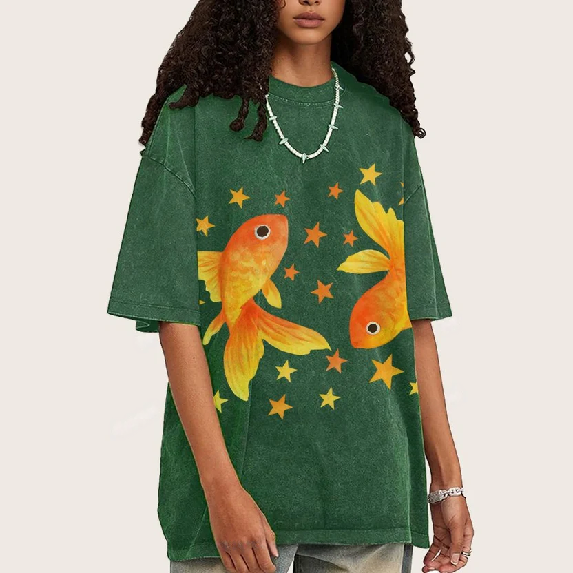 Two Goldfish Illustration Unisex Vintage Washed Tee