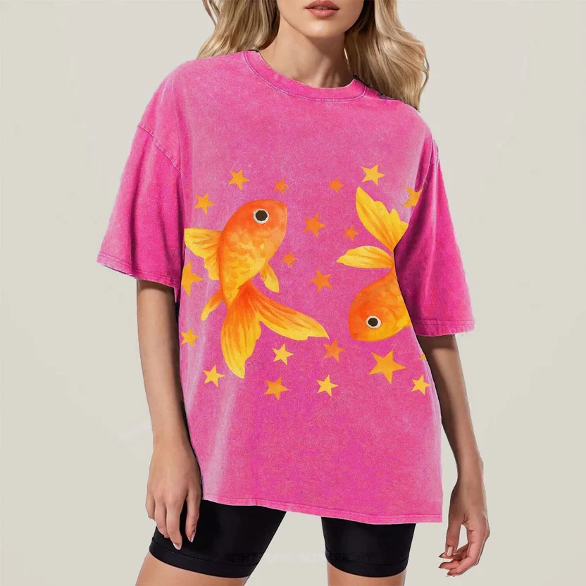 Two Goldfish Illustration Unisex Vintage Washed Tee