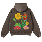 Caterpillar and Flower Collage Casual Washed Hoodie