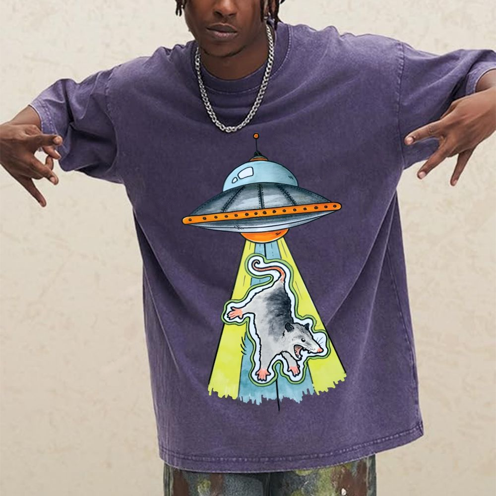 Funny Opossum UFO Alien Abduction Unisex Vintage Washed Tee