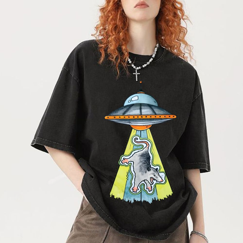 Funny Opossum UFO Alien Abduction Unisex Vintage Washed Tee