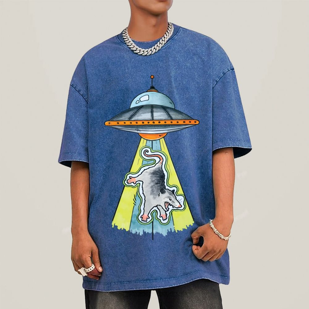 Funny Opossum UFO Alien Abduction Unisex Vintage Washed Tee