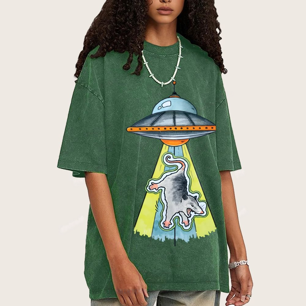 Funny Opossum UFO Alien Abduction Unisex Vintage Washed Tee