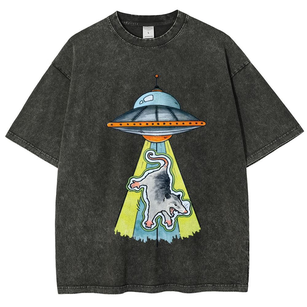 Funny Opossum UFO Alien Abduction Unisex Vintage Washed Tee