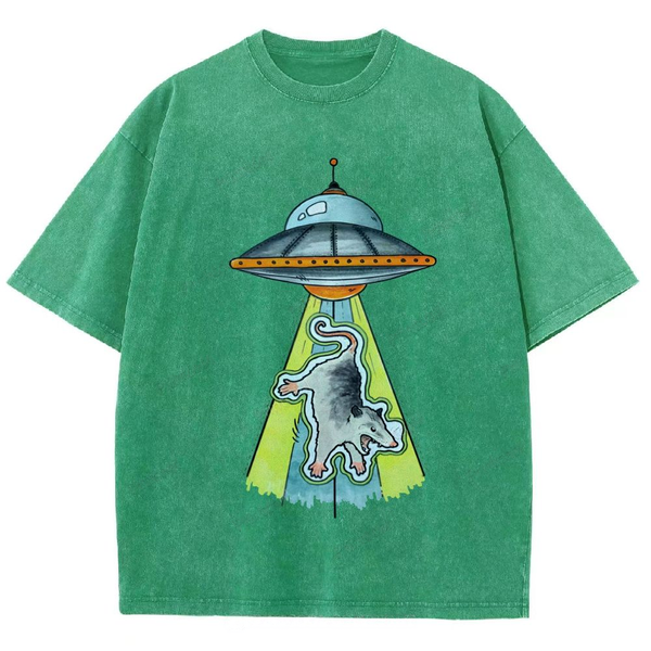 Funny Opossum UFO Alien Abduction Unisex Vintage Washed Tee