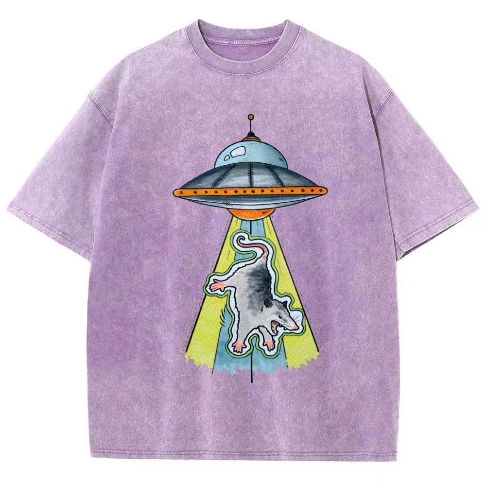 Funny Opossum UFO Alien Abduction Unisex Vintage Washed Tee