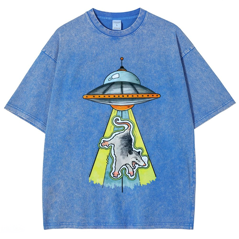 Funny Opossum UFO Alien Abduction Unisex Vintage Washed Tee