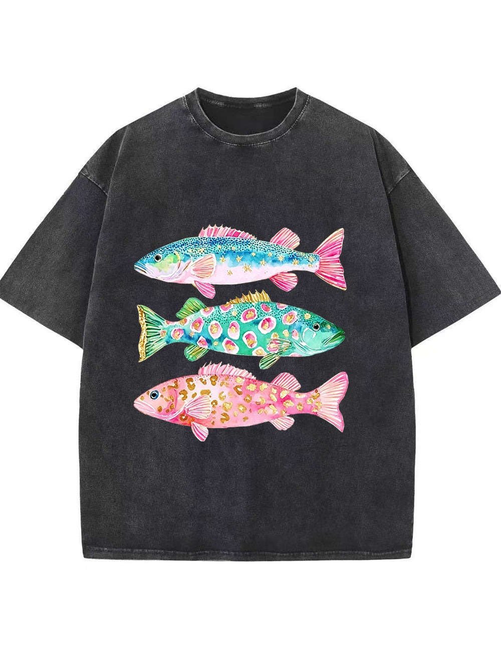 Vintage Washed Colorful Leopard Fish Graphic T‑Shirt