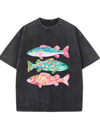 Vintage Washed Colorful Leopard Fish Graphic T‑Shirt