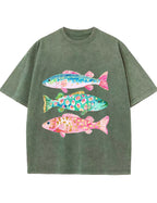 Vintage Washed Colorful Leopard Fish Graphic T‑Shirt