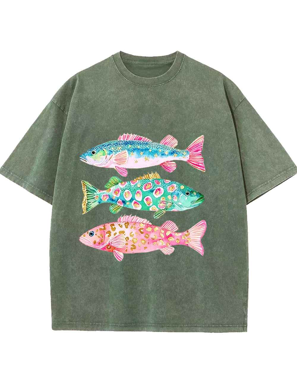 Vintage Washed Colorful Leopard Fish Graphic T‑Shirt