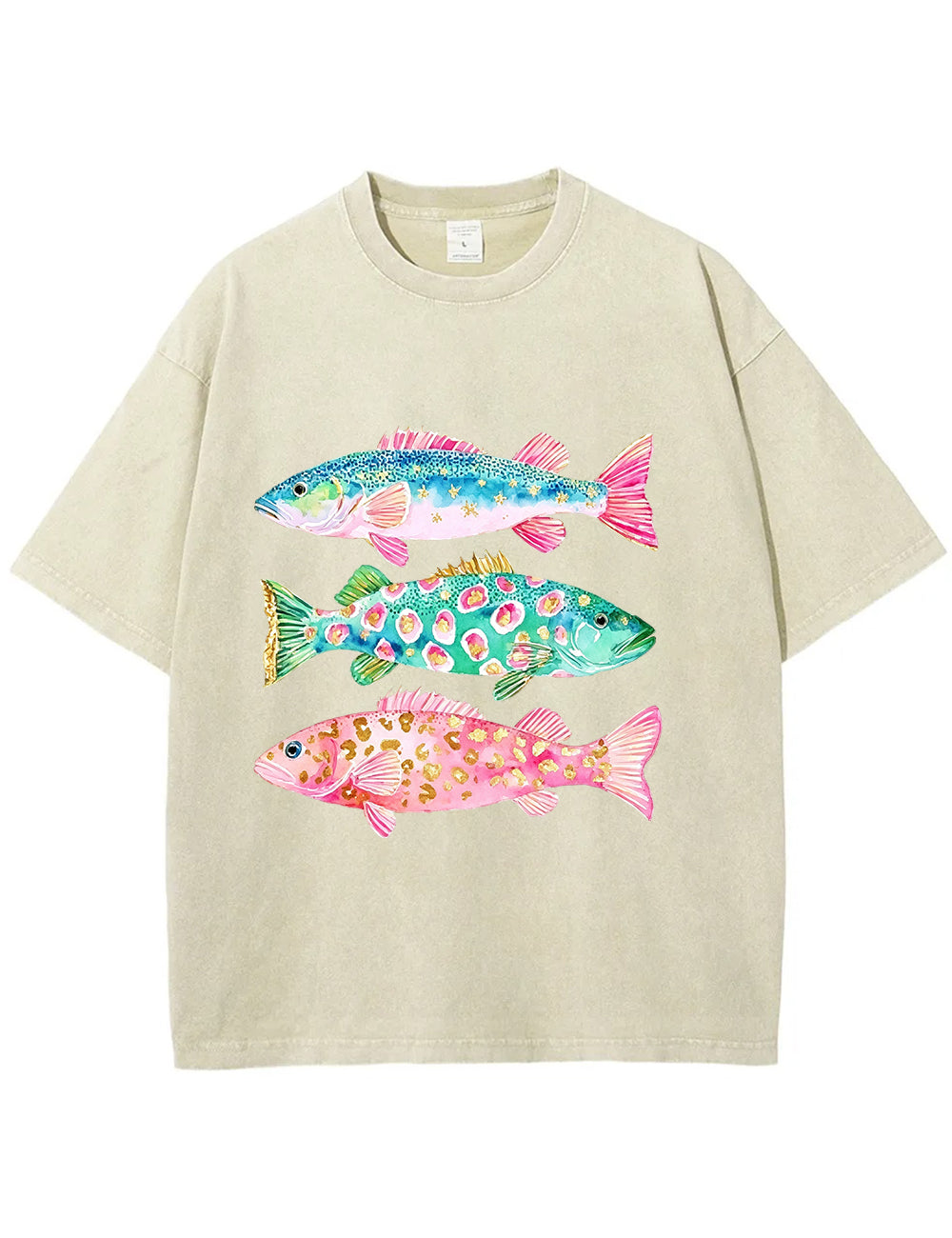 Vintage Washed Colorful Leopard Fish Graphic T‑Shirt