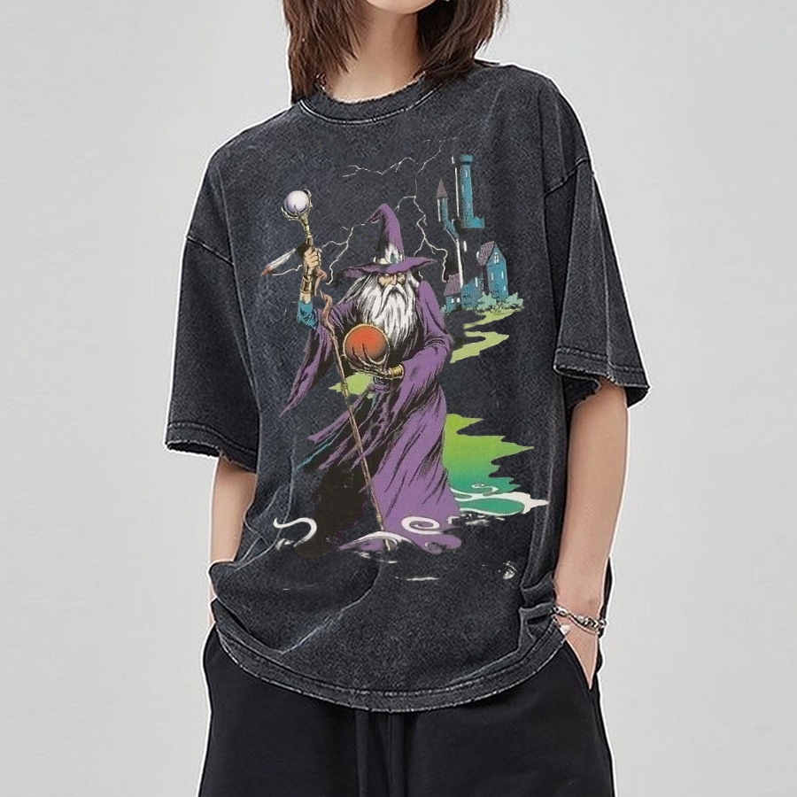 Wizard & Tower Unisex Printed Retro Washed Short Sleeved T-Shirt