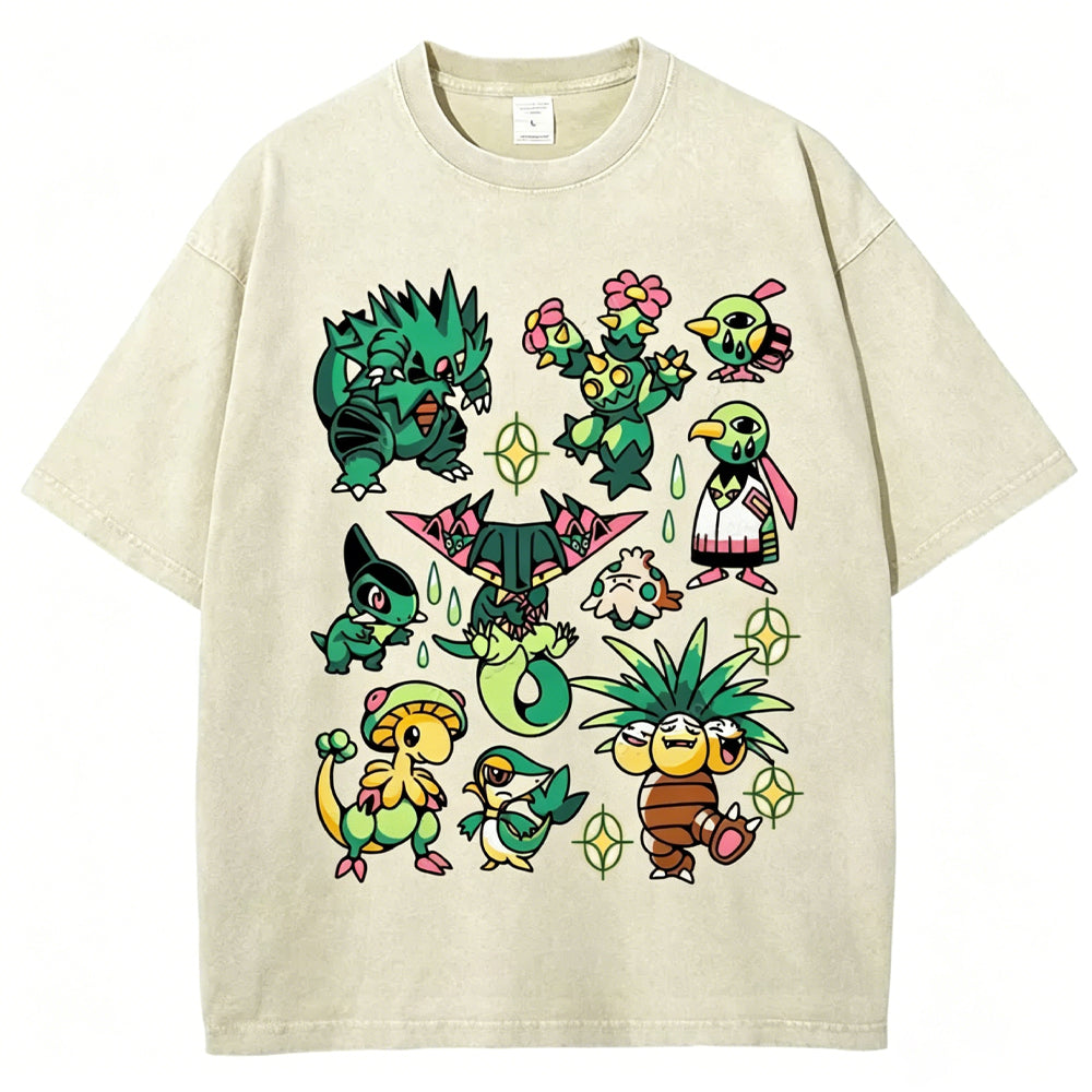 Green Grass Dragon & Tropical Pokemon Unisex Vintage Washed Tee Main image