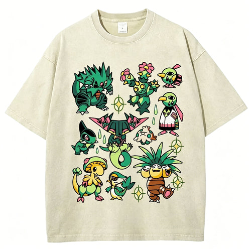Green Grass Dragon & Tropical Pokemon Unisex Vintage Washed Tee