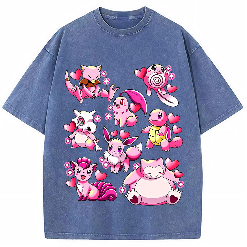 Pink Hearts Mixed Pokemon Cartoon Tee | Pokemon Anime