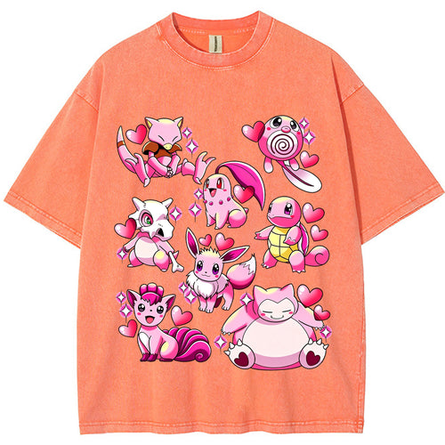 Pink Hearts Mixed Pokemon Cartoon Tee | Pokemon Anime