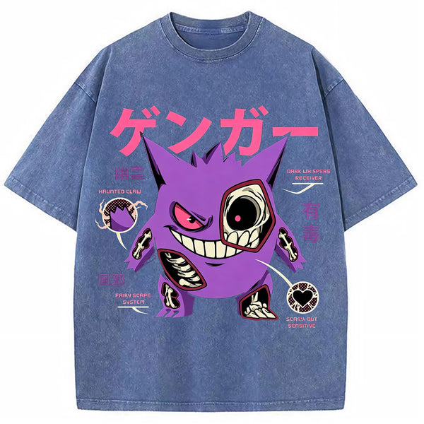 Vintage Washed Blue Skeleton Gengar Japanese Graphic Tee
