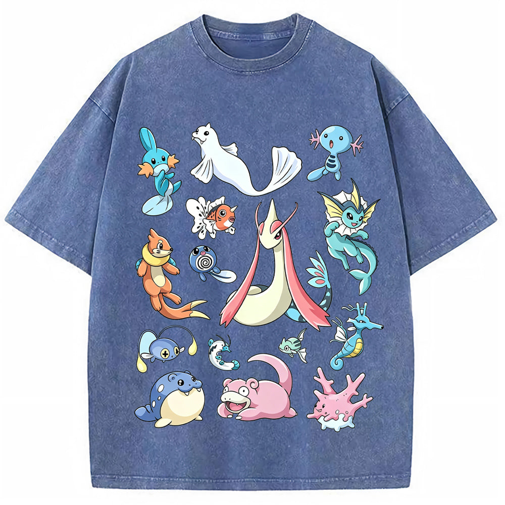 Aquatic Water Pokemon Collage Vintage Washed T-Shirt | Pokemon Anime