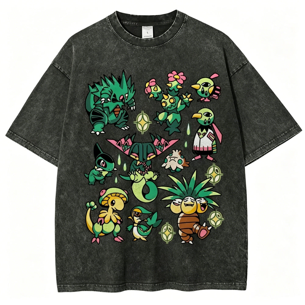 Green Grass Dragon & Tropical Pokemon Unisex Vintage Washed Tee