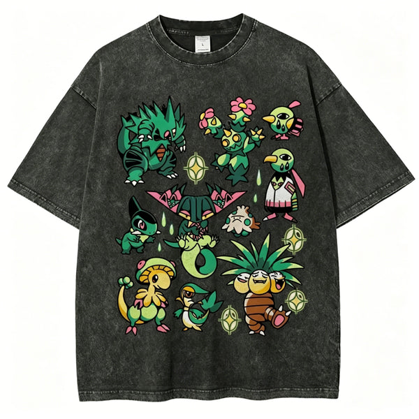 Green Grass Dragon & Tropical Pokemon Unisex Vintage Washed Tee