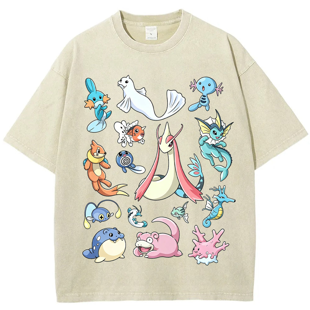 Aquatic Water Pokemon Collage Vintage Washed T-Shirt | Pokemon Anime