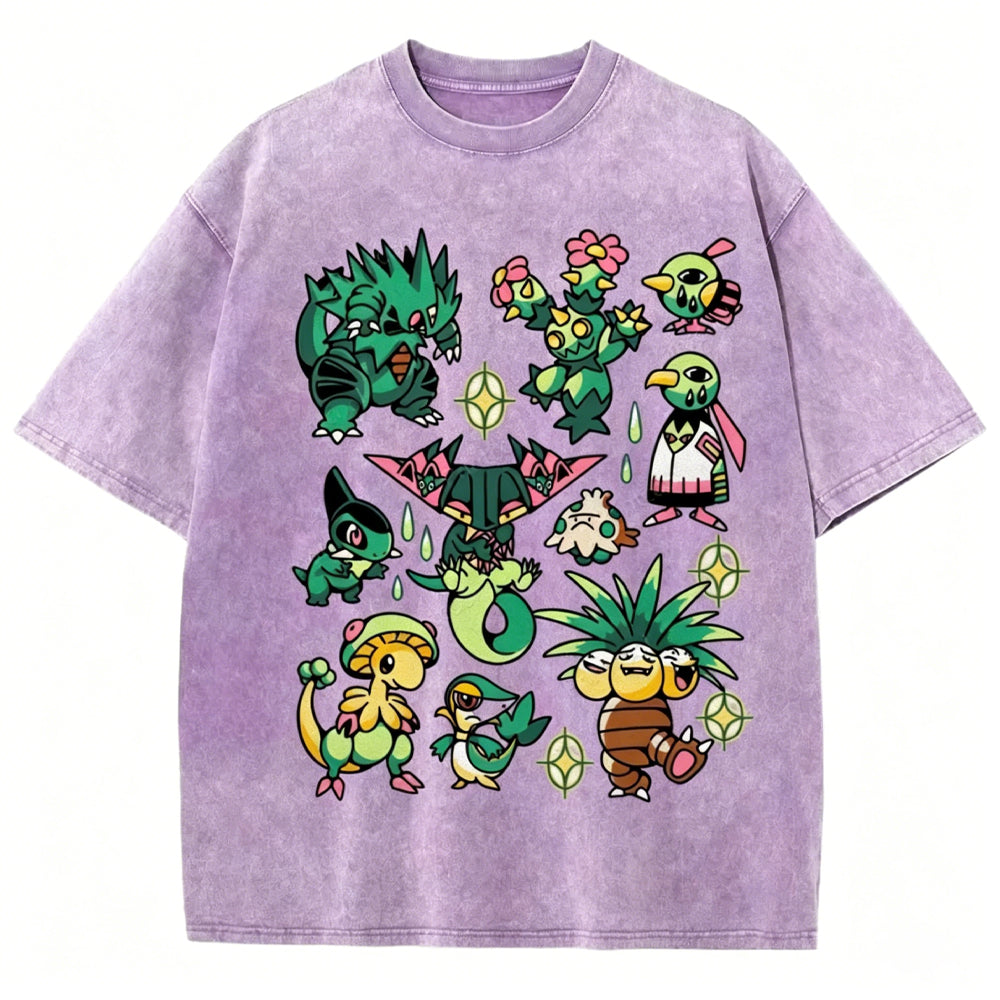 Green Grass Dragon & Tropical Pokemon Unisex Vintage Washed Tee