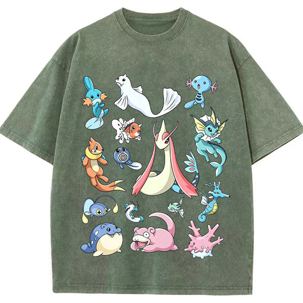 Aquatic Water Pokemon Collage Vintage Washed T-Shirt | Pokemon Anime