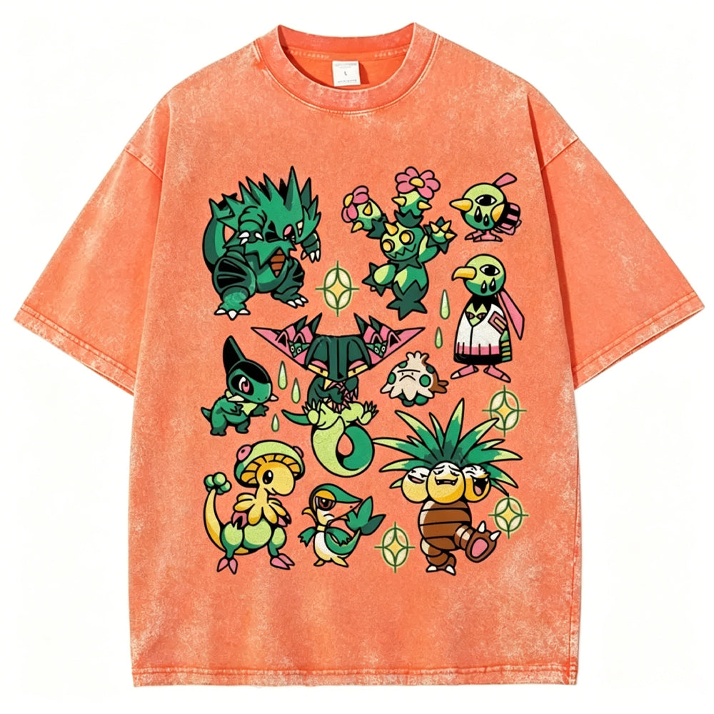 Green Grass Dragon & Tropical Pokemon Unisex Vintage Washed Tee