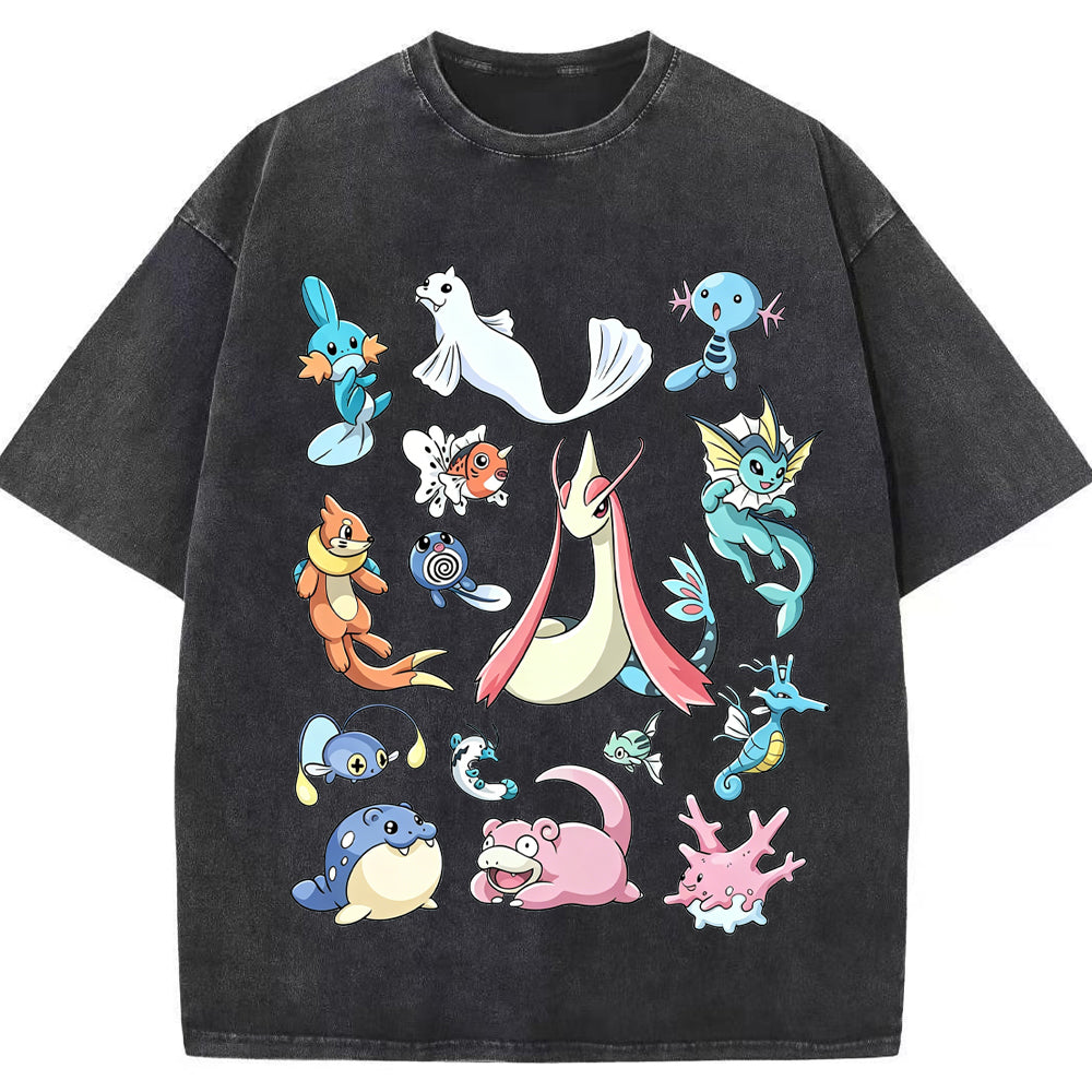 Aquatic Water Pokemon Collage Vintage Washed T-Shirt | Pokemon Anime