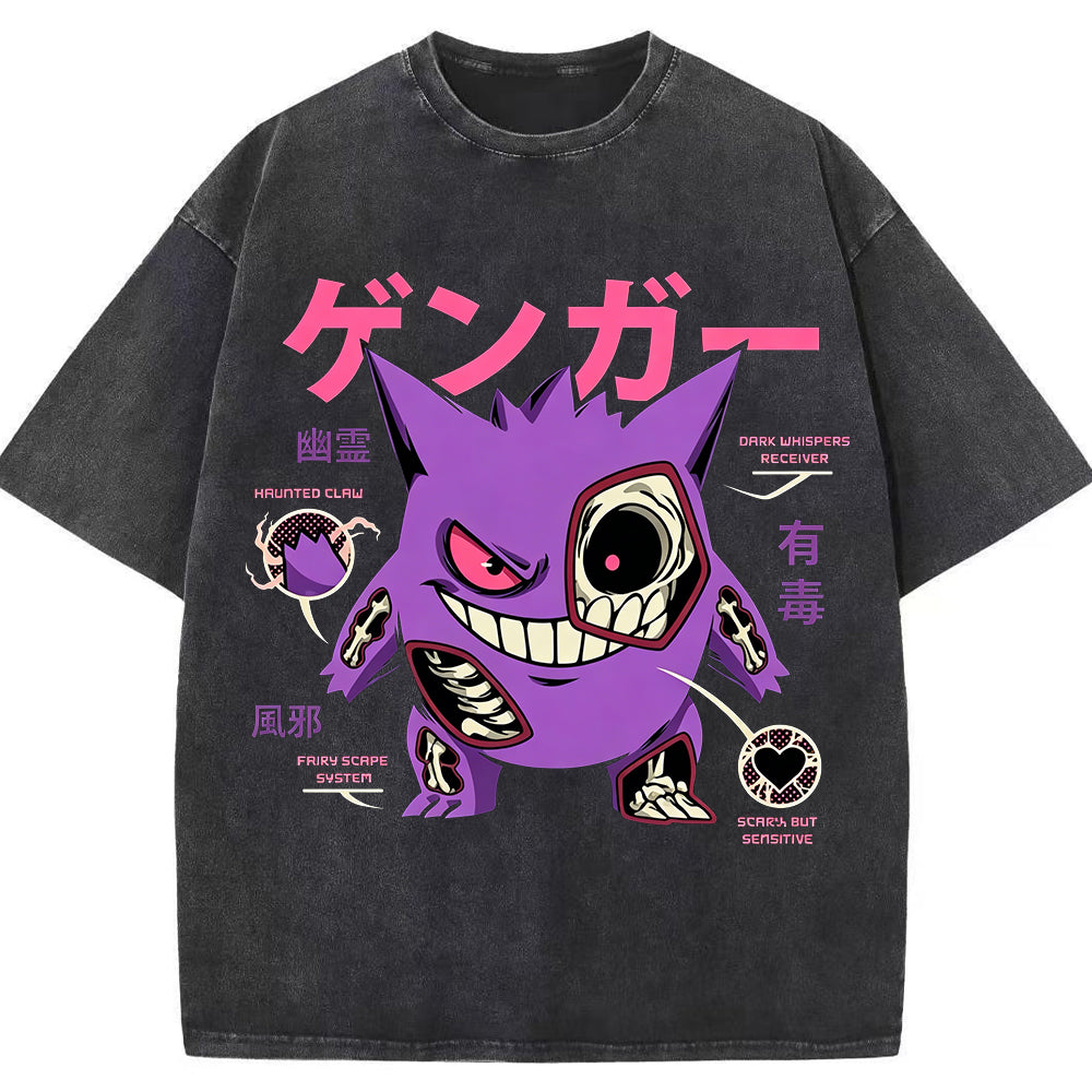 Vintage Washed Blue Skeleton Gengar Japanese Graphic Tee