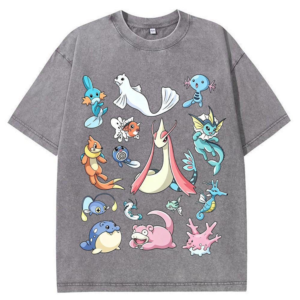 Aquatic Water Pokemon Collage Vintage Washed T-Shirt | Pokemon Anime