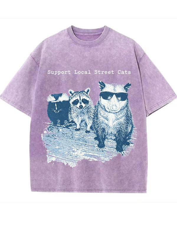 Vintage Washed Support Local Street Cats Graphic T Shirt