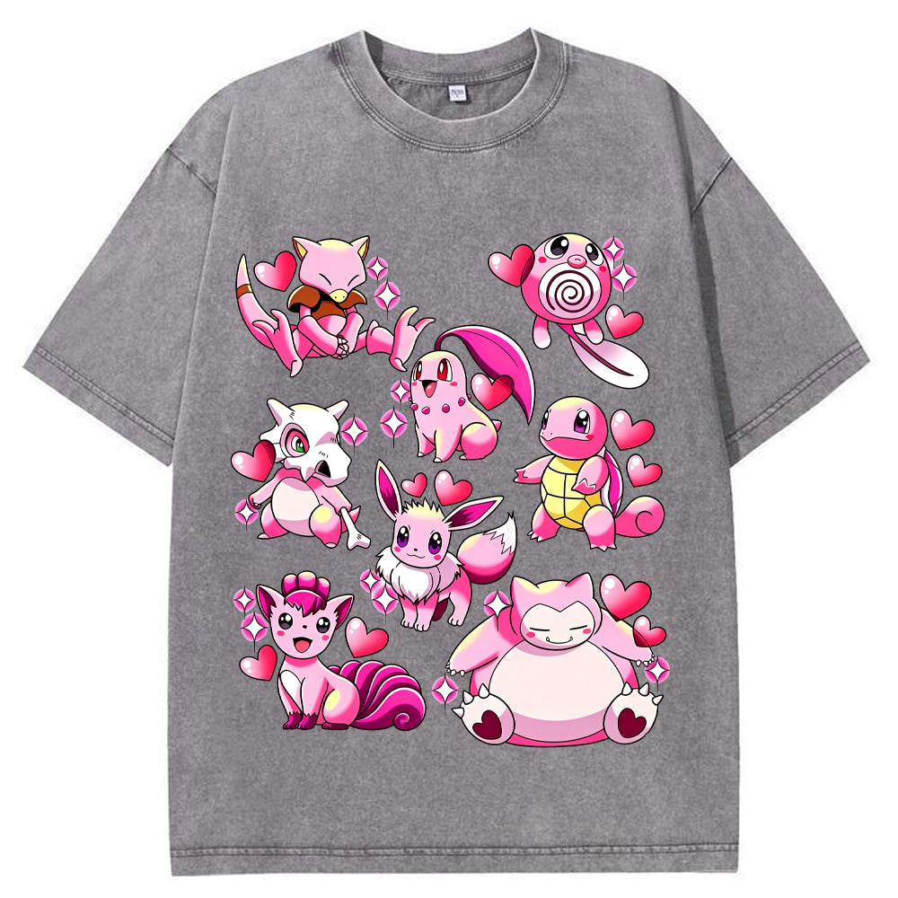 Pink Hearts Mixed Pokemon Cartoon Tee | Pokemon Anime