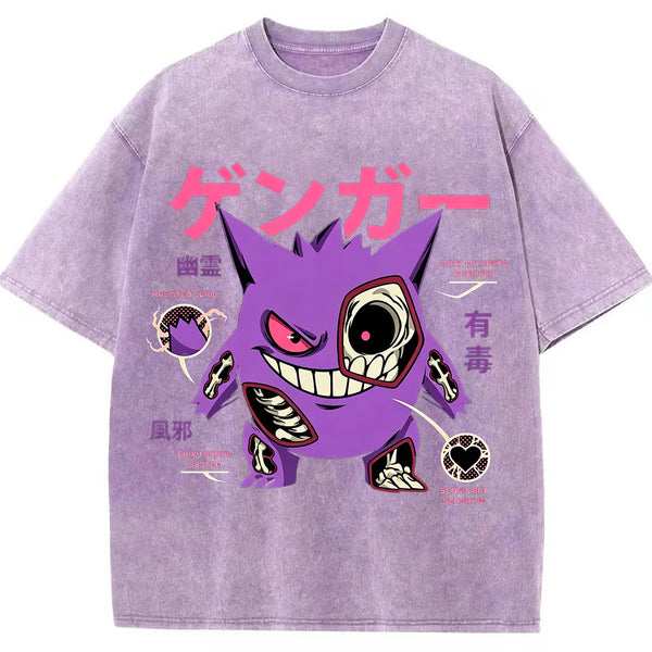 Vintage Washed Blue Skeleton Gengar Japanese Graphic Tee