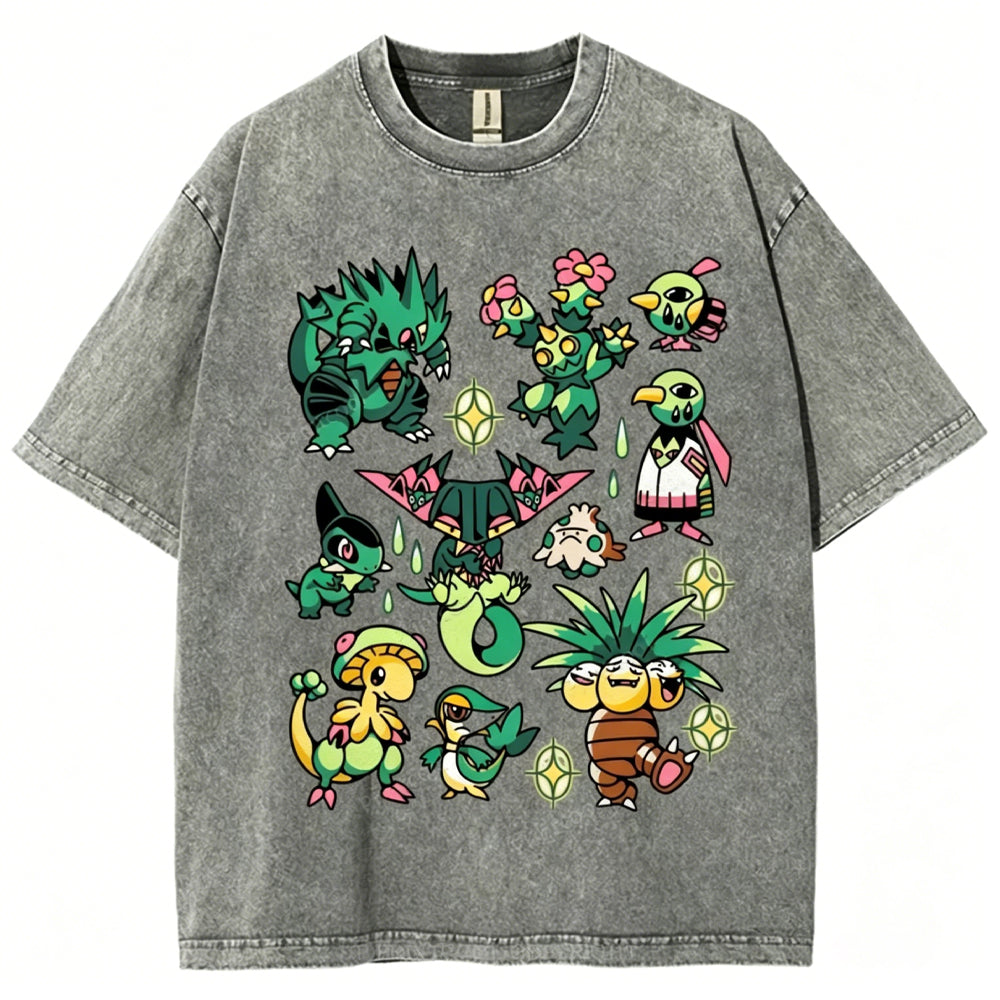 Green Grass Dragon & Tropical Pokemon Unisex Vintage Washed Tee