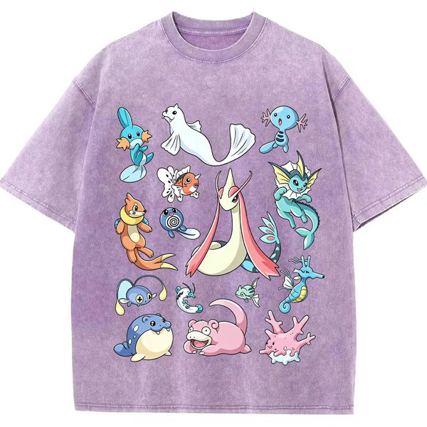 Aquatic Water Pokemon Collage Vintage Washed T-Shirt | Pokemon Anime