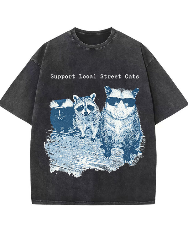 Vintage Washed Support Local Street Cats Graphic T Shirt