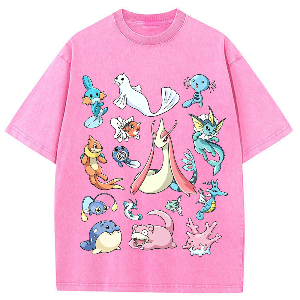 Aquatic Water Pokemon Collage Vintage Washed T-Shirt | Pokemon Anime
