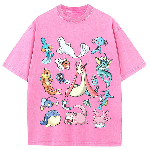 Aquatic Water Pokemon Collage Vintage Washed T-Shirt | Pokemon Anime